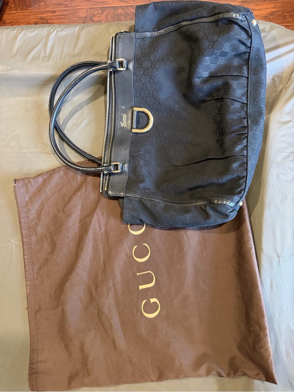 Gucci Black Monogram Canvas Tote with Gold Hardware